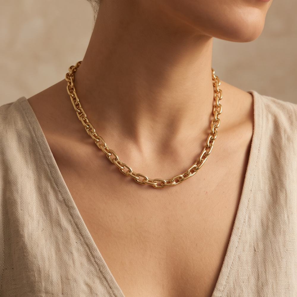 Woman wearing Élan Link 18K gold plated oval chain necklace